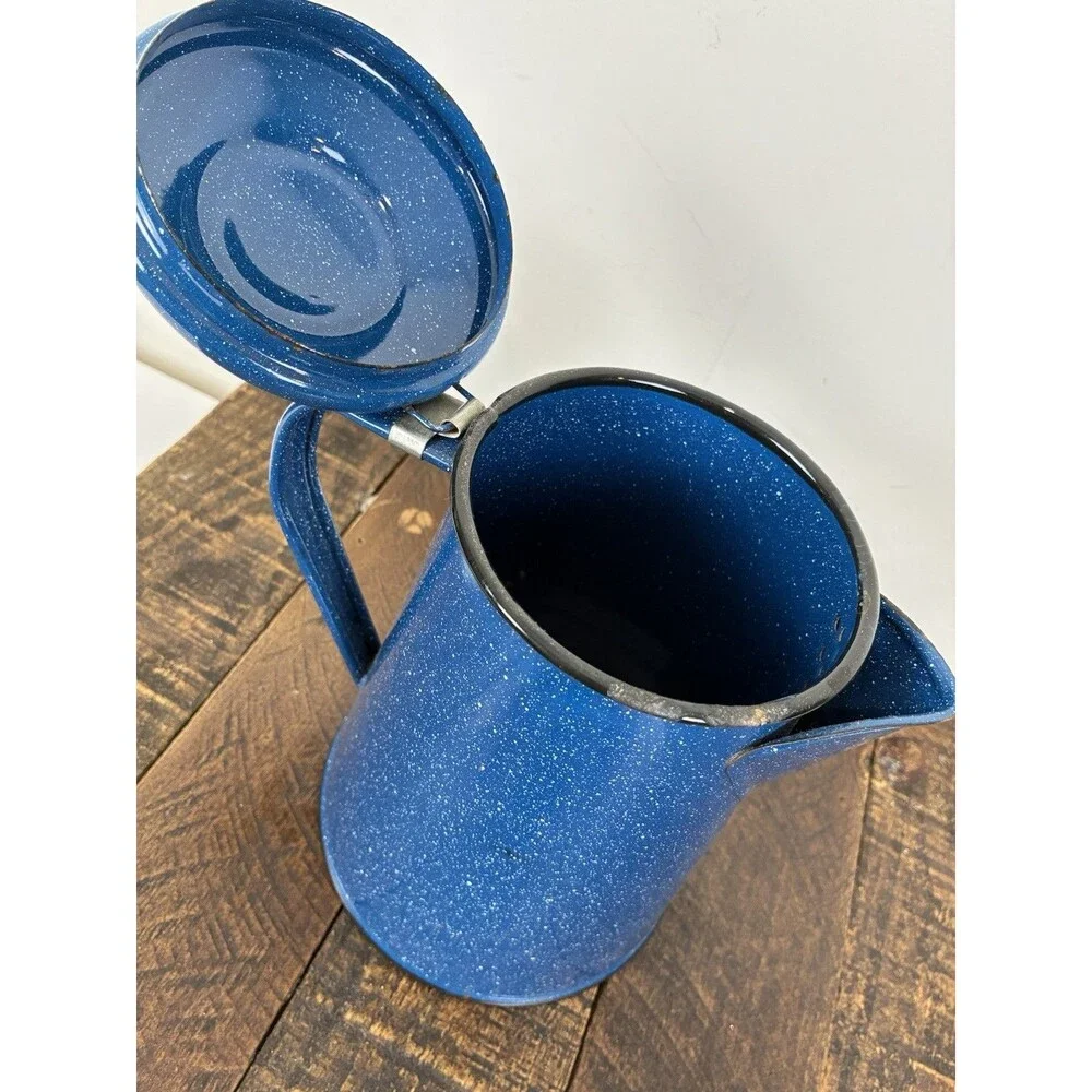 Blue Speckled Enamelware Coffee Pot Tea Kettle Metal Vintage